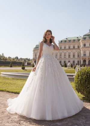 Beaded Ivory Floral Lace Tulle Modern Wedding Dress